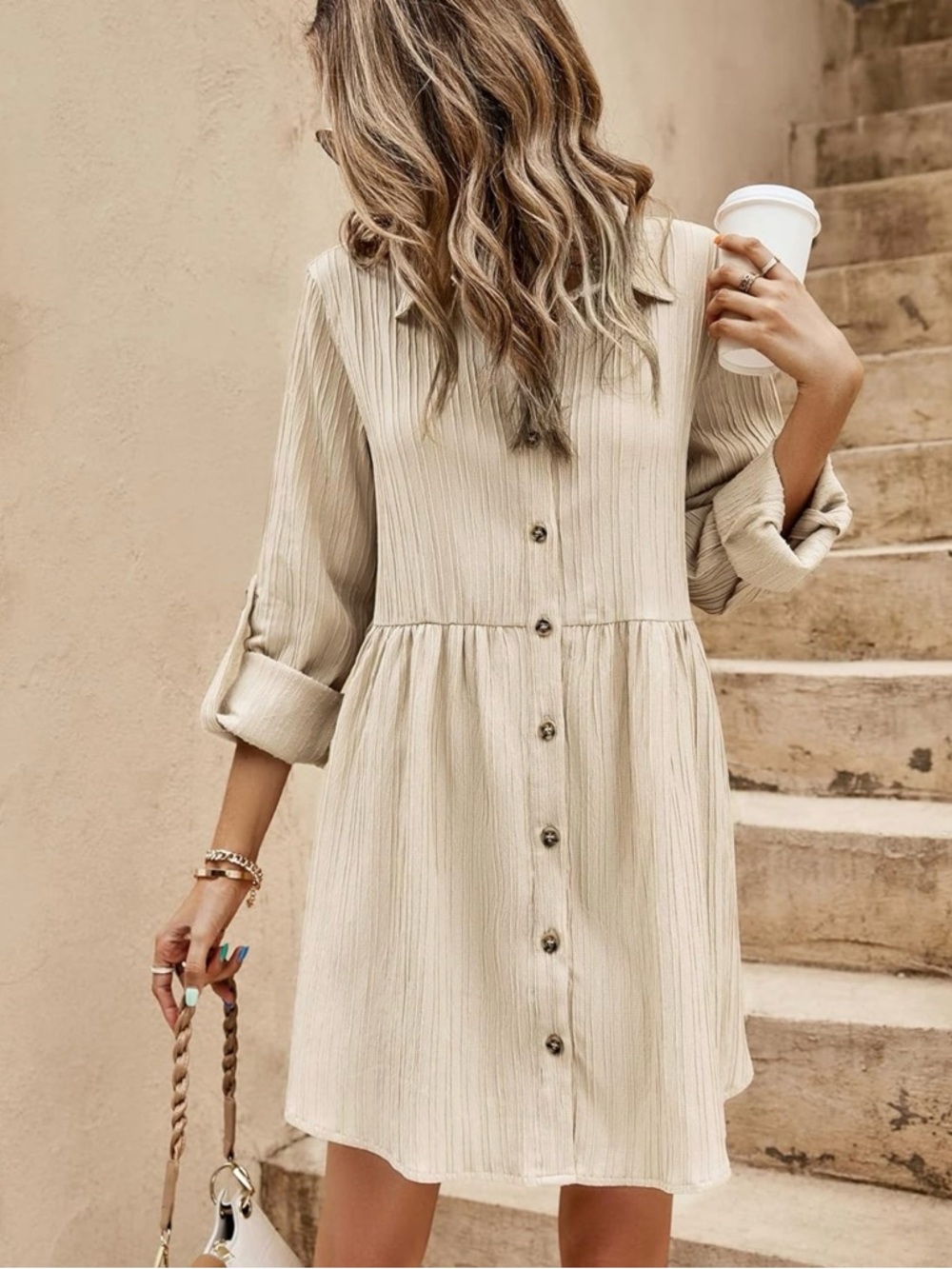 Emery Rose Relaxed Cream Button-Front Long Sleeve Shirt Dress